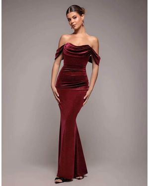 Goddiva Glitter Velvet Cowl Neck Pleated Waist Maxi Dress - Red