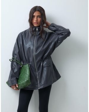 ASOS Cinched Waist Leather Look Harrington Jacket - Gray
