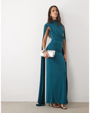TFNC London Premium Slinky High Neck Cape Sleeve Drape Detail Maxi Dress - Blue