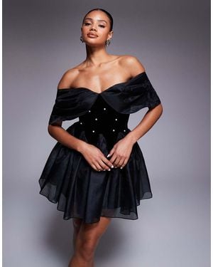 ASOS Off The Shoulder Pearl Embellished Velvet Mini Dress With Organza - Black