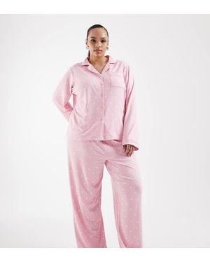 Loungeable Curve Superzachte Jersey Pyjamaset Met Revers Top En Broek - Roze