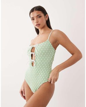 South Beach Polka Dot Tie Front Swimsuit - Green