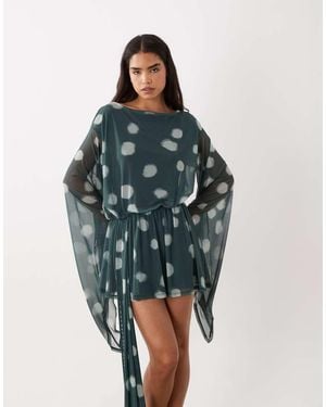 ASOS Spot Printed Mesh Tie Side Mini Dress With Extreme Sleeve - Blue