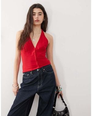 Collusion Buttoned Halter Top - Red