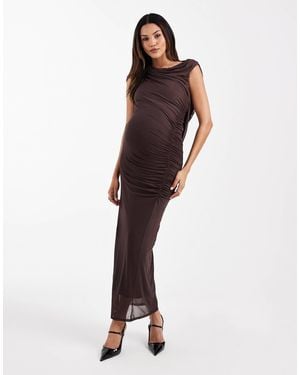 ASOS Asos Design Maternity Mesh One Shoulder Ruched Front Maxi Dress With Draped Back - Brown