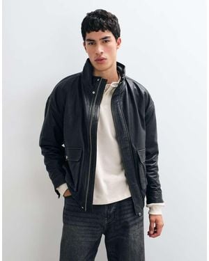 Barneys Originals Real Leather Funnel Neck Bomber Jacket - Blue