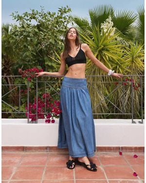 ASOS Denim Drop Waist Maxi Skirt With Linen - Blue
