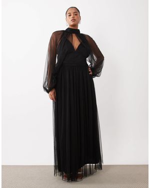 Lace & Beads Plus Robe longue en tulle transparent avec manches ballon et col montant plongeant - Noir