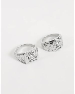 Reclaimed Vintage Unisex Rhodium Engraved Two Pack Of Signet Rings - Metallic