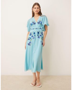 Hope & Ivy Embroidered Wrap Front Flutter Sleeve Midi Dress - Blue