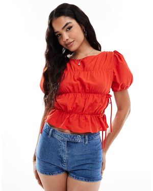 ASOS Top Con Arricciature, Laccetti Sui Lati E Maniche A Sbuffo - Rosso