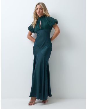 ASOS Asos Design Petite Satin Chiffon Mix Maxi Dress With Puff Sleeve - Blue