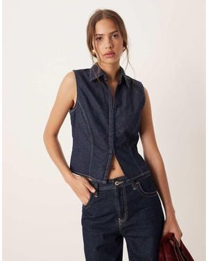 Mango Zip Through Denim Short Sleeve Top - Blue