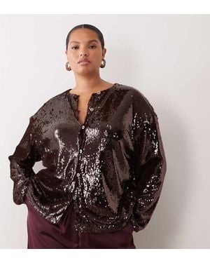 Pretty Lavish Curve Sequin Shoulder Pad Detail Button Down Top - Brown