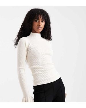 The Frolic Exclusive Ribbed Knit Pearl Detail Flare Sleeve Jumper - White