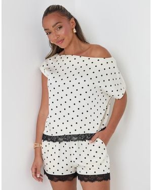 Threadbare Polka Dot Satin Lace Trim Co-Ord Slash Neck Top - White