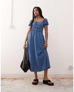 Reclaimed Vintage Chambray Denim Midi Dress With Shirring Details - Blue