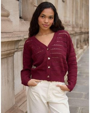 Threadbare Pointelle Knit V-Neck Cardigan - Red