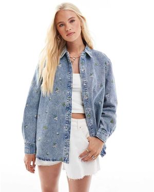 ONLY Flower Embroidery Denim Shirt - Blue