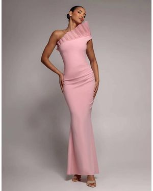 Goddiva One Shoulder Organza Frill Pleated Mermaid Maxi Dress - Pink