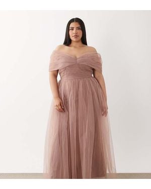 Lace & Beads Plus Bridesmaid Tulle Bardot Maxi Dress - Brown