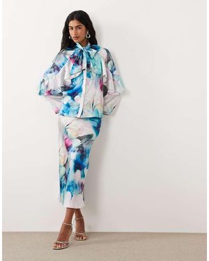 Iyal Falda Midi Con Estampado Floral Efecto Acuarela De Satén (Parte De Un Conjunto) - Azul