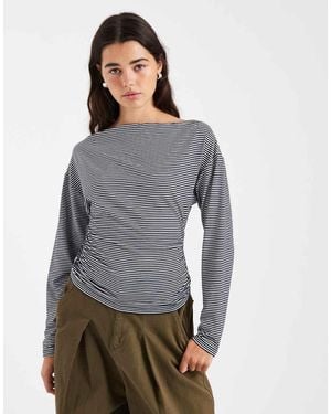 ASOS Stripe Cinched Asymmetric Long Sleeve Top - Grey