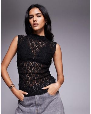 ASOS Co-ord Ruched Side High Neck Lace Top - Gray