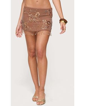 Edikted Sheer Sequin Bead Fringed Mini Skirt - Brown