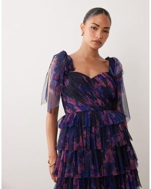 LACE & BEADS Bridesmaid Bow Shoulder Tulle Maxi Dress - Blue