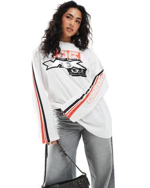 Monki Oversized Long Sleeve Top With Motocross Print - White
