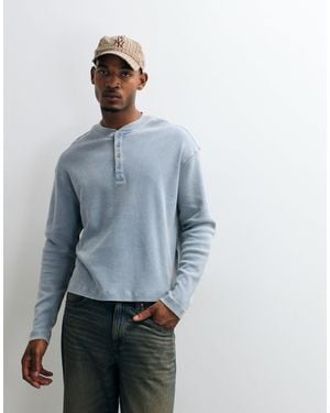 Collusion Heavyweight Long Sleeve Waffle Textured Henley - Blue