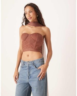 LACE & BEADS Scarf Neck Tulle Corset Top - Blue