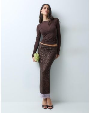 ASOS Sequin Pencil Skirt With Lace Trim - Brown