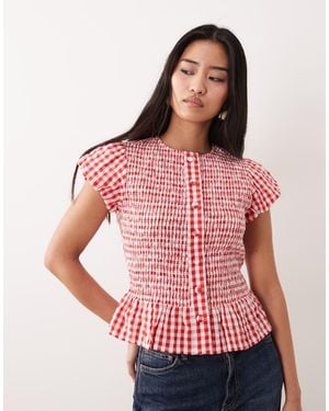 Nobody's Child Lana Cotton Shir Puff Sleeve Peplum Top - Red