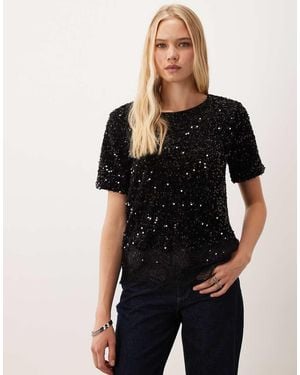 Vila Co-Ord T-Shirt Con Paillettes E Velluto Con Bordo - Nero