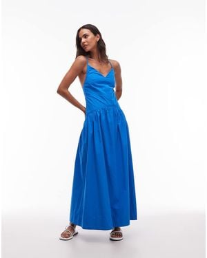 TOPSHOP Deep V Poplin Midi Dress - Blue