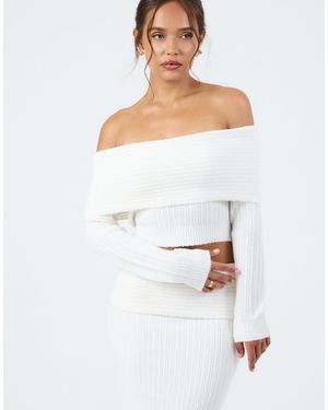 Aria Cove Knit Bardot Fold Over Sweater - White
