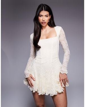 Murci Square Neck Long Sleeve Gathered Ruffle Hem Lace Mini Dress - White