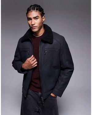 River Island Nubuck Zip Shearling Western Jacket - Blue