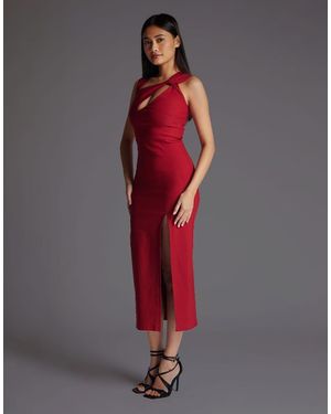 Vesper Asymmetric Neckline Midaxi Dress With Thigh Split - Red