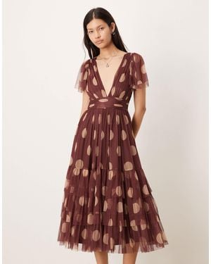 LACE & BEADS V Neck Tulle Midi Dress - Brown