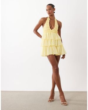 TFNC London Shirred Chiffon Halter Neck Ruffle Mini Dress - Yellow