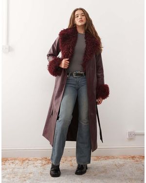 Reclaimed Vintage Longline Leather Look Trench Coat With Faux Fur Collar And Cuffs - Red