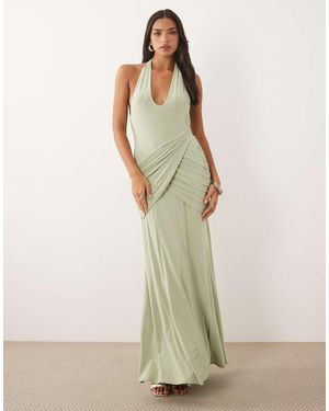 ASOS Plunge Slinky Maxi Dress With Ruched Drape Detail - Green