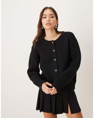 Lovedrobe Bow Button Detail Round Neck Cardigan - Black