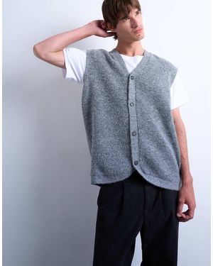 TOPMAN Oversized Fit Knitted Button Through Tank - Blue