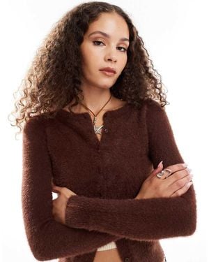 Daisy Street Fluffy Knit Micro Cardigan - Brown