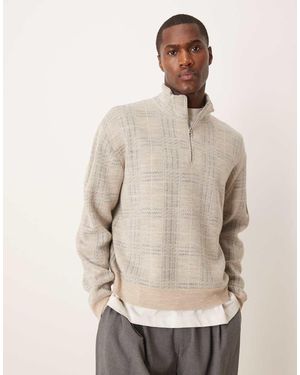 ASOS Oversized Half Zip Check Knitted Jumper - Natural