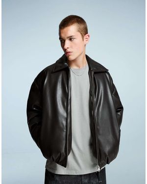 Bershka Faux Leather Puffer Jacket - Grey